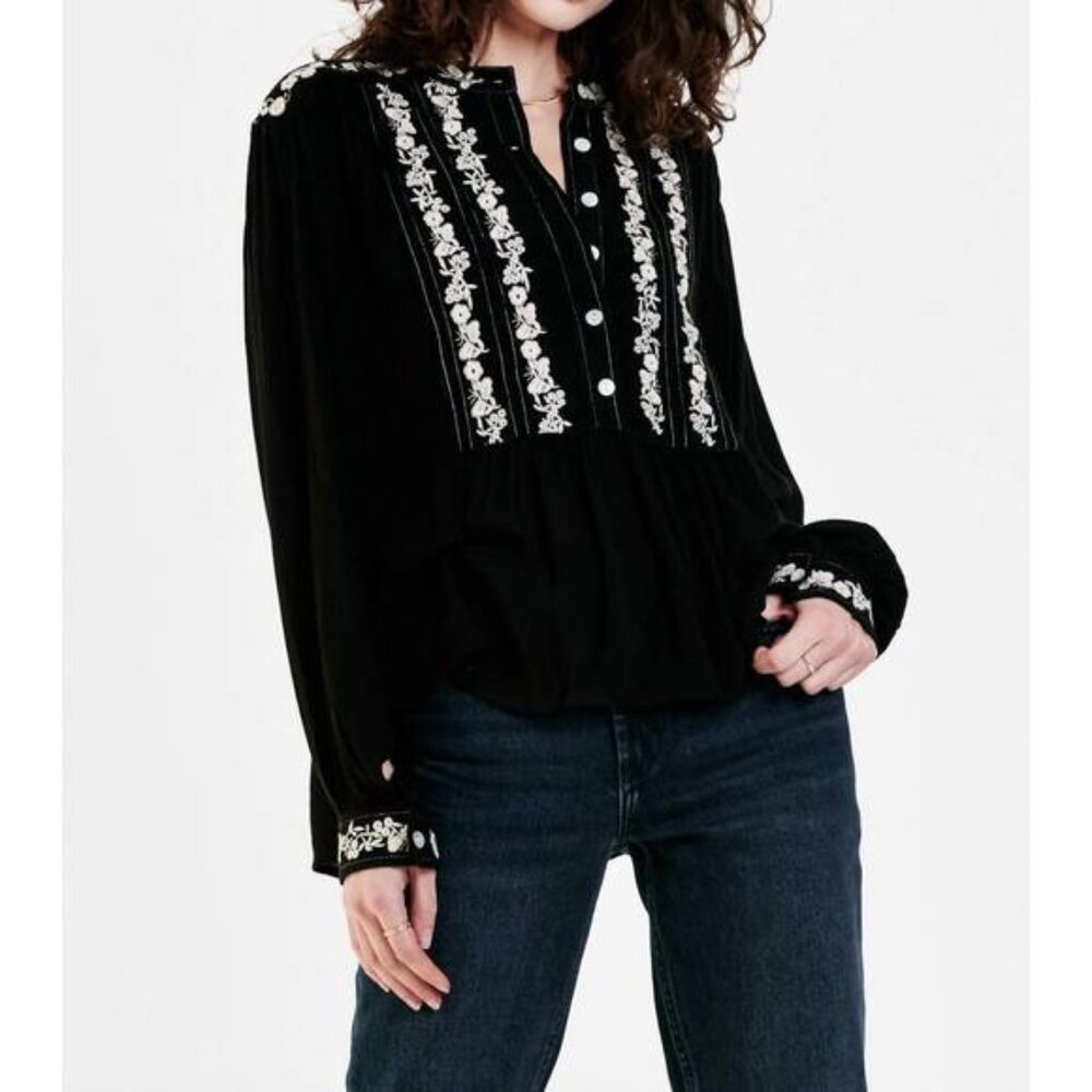 Dear John Black Embroidered Long Sleeve Blouse XS